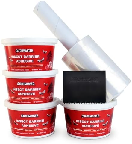 Catchmaster Tree Banding Insect Barrier DIY Kit 4Pk, 15oz., Spreader, 1Kft Roll Plastic Wrap, Lanternfly & Ant Traps, Outdoor Adhesive Crawling Insect Trap to Protect Trees, Fruit & Plants