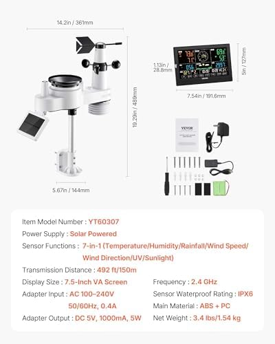 VEVOR 7-in-1 Wi-Fi Weather Station, 7.5-inch VA Display with App, Wireless