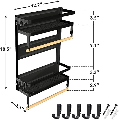 Magnetic Paper Towel Holder with Multi-Layer Storage Shelf, Stable Magnetic Organizer for Refrigerator, Garage Tool Cabinet and RV, Wall Mount Spice Rack and Paper Roll Hanger (Large- Black)