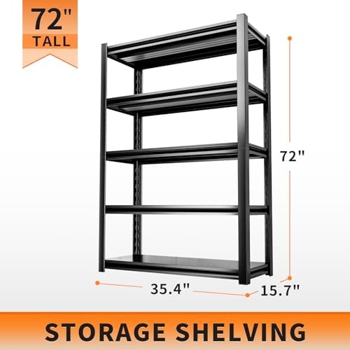 5 Tier Garage Shelving Units 72"H Storage Adjustable Shelves 2000LBS Heavy Duty Metal Shelves Utility Industrial Shelving Rack for Garage Warehouse Pantry Basement,Black (15.7"D×35.4"W×72"H)