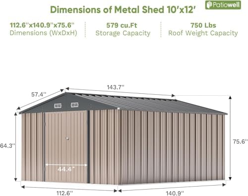 Patiowell 10x12 FT Storage Shed, Outdoor Metal Sheds, Brown