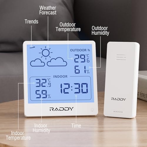 Raddy WF-50T Wireless Weather Station, Thermometer Hygrometer, White
