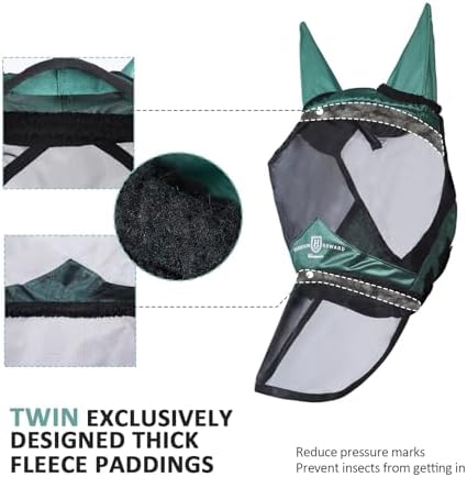 Harrison Howard Pro Luminous Horse Full Face Fly Mask Large Eye Space Long Nose with Ears UV Protection for Horse Hunter Green S