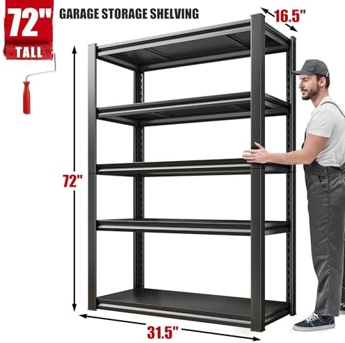 Raybee Storage Shelves 2000LBS Garage Shelving Heavy Duty, 5-Tier Adjustable Garage Shelves, Metal Shelving for Garage, Basement, Warehouse, Pantry, 72" H x 31.5" W x 16.5" D, 2PC, Black