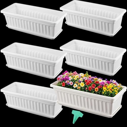 6 Pack 17 Inches Countryside Flower Box Planters, Plastic Vegetable Planters with 30 PCS Plant Labels, White Flower Window Boxes with Attached Tray for Windowsill, Patio, Garden, Balcony…