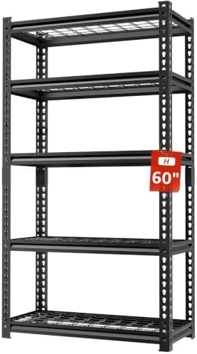 5-Tier Heavy Duty Garage Shelving, 2,000 lbs Capacity Adjustable Metal Storage Shelving Unit for Garage, Basement, Pantry & Utility Room, 28" W x 12" D x 60" H