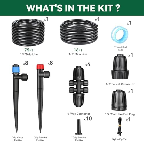 Drip Irrigation System for Garden, 2026-Upgraded Quick Connect Garden Watering Kit All-in-One with 1/2 inch 1/4 inch Irrigation Tubing for Garden, Lawn, Greenhouse, Raised Beds (91FT)