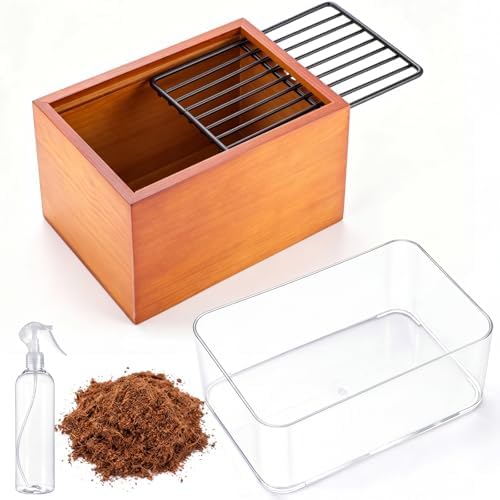 Wooden Cat Grass Planter for Indoor Cats, Wheat Grass Pot Kit with Soil Disks, Removable Anti-Digging Grid, Plastic Liner, No Seeds Included, Natural Wood, 6.7 x 4.7 x 4.3 in