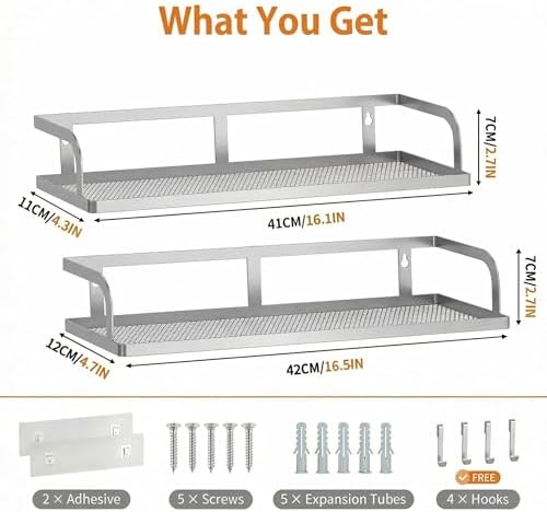 PUSDON 2-Pack 16.5" Extra Long Slim Hollowout Shower Caddy, Wall Mount Spice Rack & Bathroom Organizer, Mesh Bottom Cabinet Door Shelf Holds 50LBS - Silver Gray, Hollowout