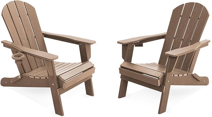 LOUNZY Folding Adirondack Chairs Set of 2, HDPE All-Weather Folding Adirondack Chair with Cup Holders, Outdoor Patio Adirondack Chair for Deck Lawn Fire Pit, Brown