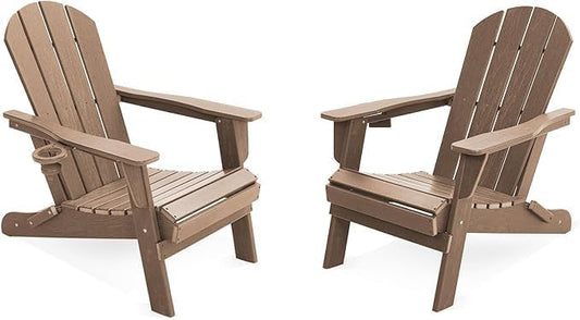 LOUNZY Folding Adirondack Chairs Set of 2, HDPE All-Weather Folding Adirondack Chair with Cup Holders, Outdoor Patio Adirondack Chair for Deck Lawn Fire Pit, Brown