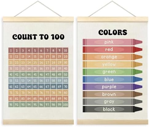 TLESKE 1-100 Numbers Hundreds Colors Chart Poster Hanger Frame for Toddler Kid Classroom Set of 2, Homeschool Hanging Wall Art Decor for Nursery Playroom, Preschool Learning Educational Poster, 16x24