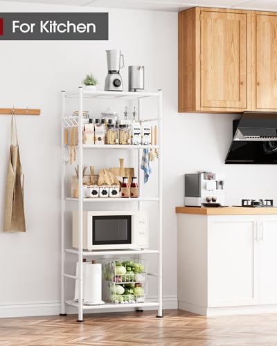 Sakugi Storage Shelves - 5-Tier Large Capacity Shelf Organizer with Hooks, Heavy-Duty Garage Shelving with Leveling Feet, Wobble-Free Rack for Bedroom, Balcony, Garage, 18.1"×12.4"×56.8", White