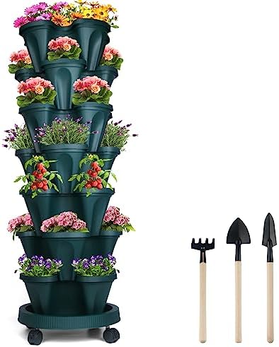 DUNCHATY Stackable Planter, Vertical Garden Planter with Wheels and Tools, Self Watering Strawberry Planter Indoor/Outdoor 7 Tier Herb Planter Pots for Growing Vegetables and Succulents,Pine Green