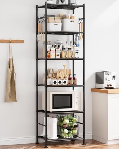 Sakugi Storage Shelves - 6-Tier Large Capacity Shelf Organizer with Hooks, Heavy-Duty Garage Shelving with Leveling Feet, Wobble-Free Rack for Bedroom, Balcony, Garage, 18.1"×12.4"×70.1", Black