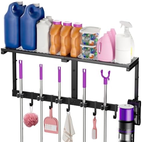 Heavy Duty Broom Holder Wall Mount, All-Metal Mop Rack with Storage Shelves