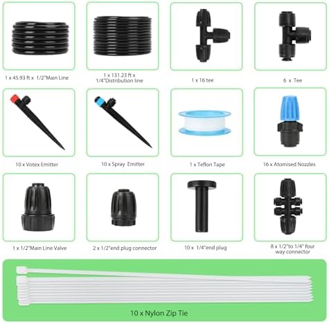 184FT Drip Irrigation System Kit, Automatic Garden Watering Kit with 1/2 Inch Hose & 1/4 Inch Distribution Tubing & Accessories for Yard, Lawn, Greenhouse, Raised Bed, Patio & Outdoor Plants