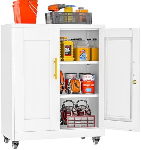 Small Metal Storage Cabinet with Wheels, Lockable Tool Cabinet with Doors