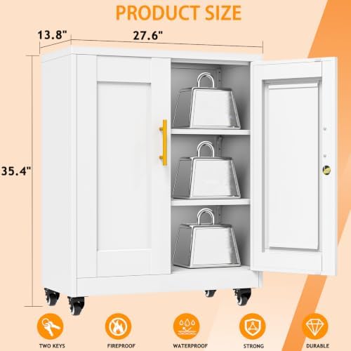 Small Metal Storage Cabinet with Wheels, Lockable Tool Cabinet with Doors
