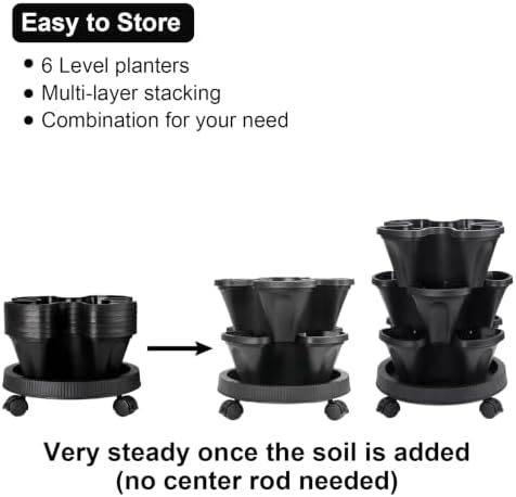 GameXcel Vertical Planter Tower - 6 Tier Stackable Garden Planters with Wheels and Garden Tool Set Plant Pots for Strawberry Herb Flower and Vegetable Indoor Outdoor Use Black