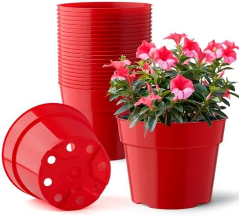 RooTrimmer 20 Pack 6 Inch Plant Pots, Thickened Plastic Flower Pots with 20 Pcs Water Collecting Trays, 20 Soil Block Mesh Pads, Red