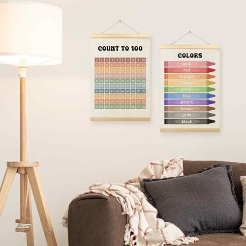 TLESKE 1-100 Numbers Hundreds Colors Chart Poster Hanger Frame for Toddler Kid Classroom Set of 2, Homeschool Hanging Wall Art Decor for Nursery Playroom, Preschool Learning Educational Poster, 12x16