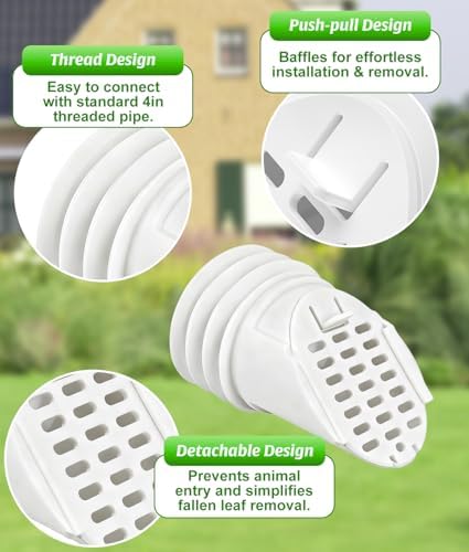 WADEO Rain Gutter Downspout Extension Hose Guard, Drain Downspout Extender Outlet Filter and Leaf Guard, for Standard 4'' Circular Threaded Hose, White