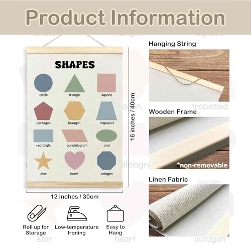 TLESKE Boho Classroom Shapes Chart Poster Hanger Frame, Homeschool Hanging Wall Art Decor for Toddlers Kids Room Nursery Playroom, Preschool Prek Learning Educational Poster Print Banner, 12x16