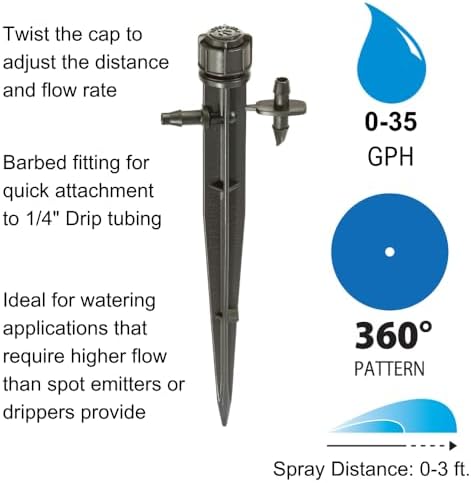 Rain Bird MUF-SPK4S Drip Irrigation Micro-Umbrella Bubbler on Stake, 360° Full Circle Pattern, 0-3' Spray Distance, 12-Pack