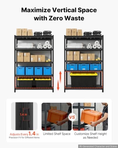 VEVOR Storage Shelves, 5-Tier Adjustable, 3000 lbs Capacity, Heavy Duty Garage Storage Shelving Unit, Metal Utility Rack Shelf, for Garage Workshop Warehouse Basement, 48.43" W x 24.53" D x 71.38" H