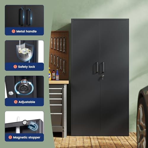 Yizosh Metal Garage Storage Cabinet with 2 Doors and 5 Adjustable Shelves - 71" Steel Lockable File Cabinet,Locking Tool Cabinets for Office,Home,Garage,Gym,School (Black)