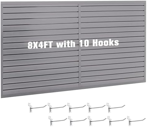Slatwall Panel Garage Wall Organizer Storage Systems, Wall Mounted PVC Storage Rack with 10 Hooks, Interlocking Workshop Slat Wall Paneling Sheets Board Shelves Tools Organization-Grey (8’H x 4’W)