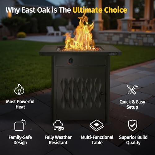 East Oak 28" Outdoor Fire Pit Table | 52,000 BTU Fire Pit Table for Outside with Magnetic Lid | Storage Basket & Lava Rocks | CSA Certified for Patio, Backyard & Garden | Black