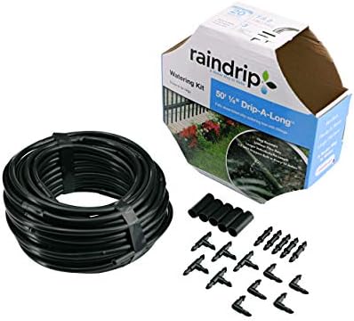Raindrip R280DT Drip-A-Long1/4 in. Dripline Kit includes 50 feet of 1/4-Inch Dripline preassembled with 1/2 GPH drippers, 5 Barbed Tees, 5 Barbed Elbows, 5 Barbed Couplings, 5 End Plugs