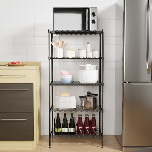 PayLessHere | 5-Tier Wire Shelf | 21"x11"x48" | Black | Adjustable Racks | Heavy-Duty Storage Shelves, Holds Upto 750 lbs | Rust-Resistant, No-Tool Assembly | for Home, Garage Shelving