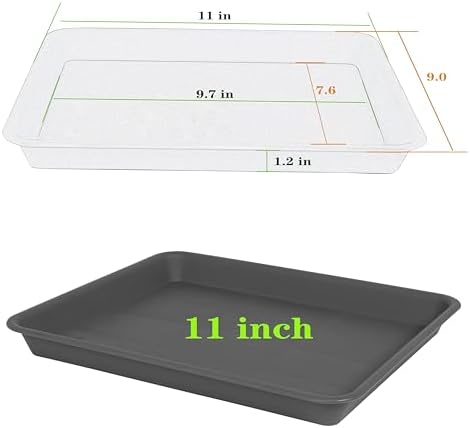 VUWEZ 4 Pack Plant Saucer Tray Rectangular, Plant Saucers for Indoors, Heavy Sturdy Plastic Plant Drainage Trays, Plant Drip Trays for Pots, Seed Starter Growing Tray (11 x 9 inch, Gray)