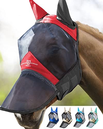 Harrison Howard Pro Luminous Horse Fly Mask Long Nose with Ears UV Protection for Horse Scarlet Red/Black XL Extra Full Size