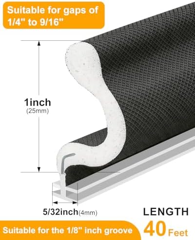 40FT Weather Stripping Door Seal: Sound Proof Draft Blocker Kerf Weather Stripping for Exterior Front Door, Large Gap Seal, Easy to Install (Balck)