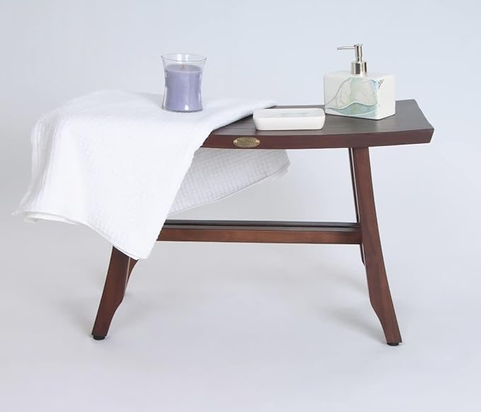 DecoTeak Teak Shower Bench – 28 Inch Waterproof Wooden Seat for Inside Shower Spa-Quality Shower Chair | Curved Seat for Adults | Non-Slip Feet | Large Storage Shelf