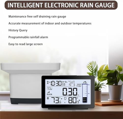 Wireless Rain Gauge Outdoor, Self-Emptying Digital Rain Gauges Outdoors Best Rated, Electronic Rain Measure Gauge for Garden, Freeze Proof Rain Gauge with Thermometer, Remote Rain Meter for Yard