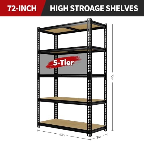 Heavy Duty Garage Storage Shelves, 2500 Lbs Capacity, 5-Tier Adjustable Storage Shelving Unit, 40" L x 20" W x 72" H Metal Shelving Racks for Kitchen Pantry Basement Bathroom Laundry