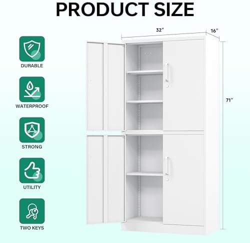 Letaya Metal Storage Cabinet with Lock Door, Adjustable Shelf Steel Cabinets for Office, Home,Pantry,Kitchen,Garage Utility Cabinet (4 Door-White)