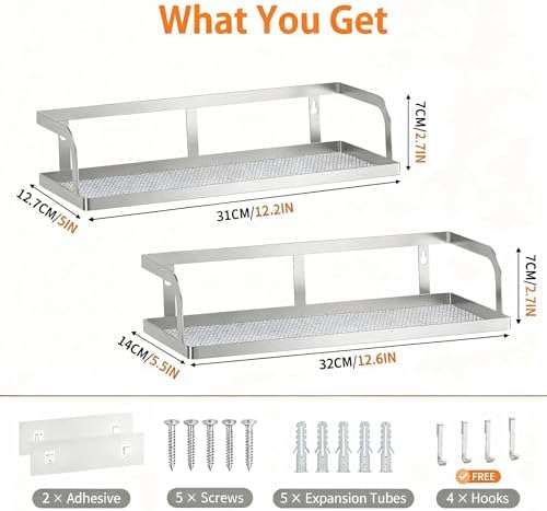 PUSDON 2-Pack Wide Hollowout Shower Caddy & Spice Rack, Wall Mount Bathroom Organizer with Mesh Bottom, Easy Access Cabinet Door Shelf Holds 50LBS - Silver Gray, Hollowout