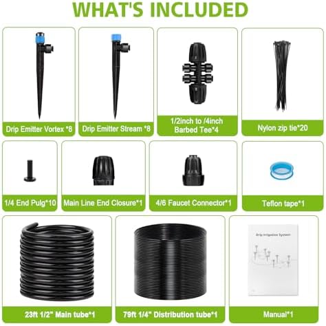 102FT Drip Irrigation System Kit, New Quick-Connect, Automatic Garden Watering Misting System for Greenhouse, Yard, Lawn, Plant with 1/2 inch Hose 1/4 inch Distribution Tubing and Accessories