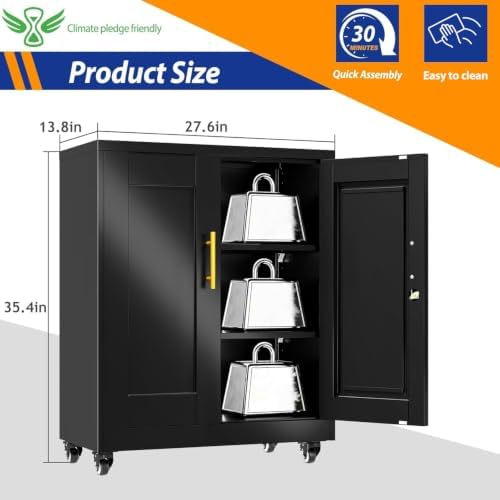 GAIOUS 35'' Tall Metal Storage Cabinet with Lock and Wheels, Steel Office Cabinet with 2 Door and 2 Adjustable Shelves, Lockable File Cabinet, Garage Cabinet, Rolling Cabinet for Home Office, Black
