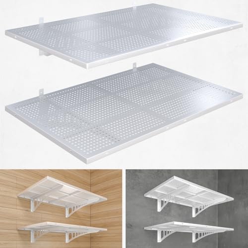 2-Pack 2x3ft Heavy Duty Garag e Wall Shelving, 500 lbs Load Capacity, Garage Shelving Wall Mounted, Garage Storage Rack with Hooks, White