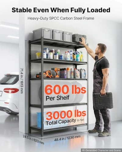 VEVOR Storage Shelves, 5-Tier Adjustable, 3000 lbs Capacity, Heavy Duty Garage Storage Shelving Unit, Metal Utility Rack Shelf, for Garage Workshop Warehouse Basement, 48.43" W x 24.53" D x 71.38" H