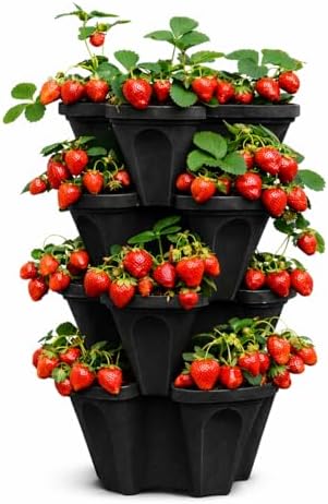 Vertical Garden Planter 4 Tier Stackable System 16 Plants, Space Saving Herb, Strawberry & Food Crop Planter with Center Support Hole for Indoor Outdoor Gardening (4, Midnight Black, Small)