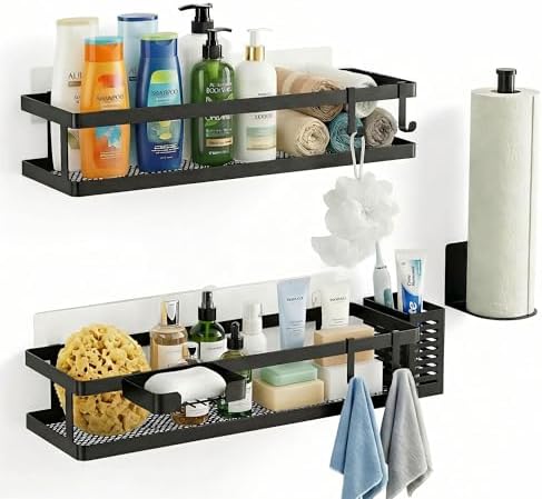 PUSDON 5-in-1 16.5" Extra Long Kitchen Organizer & Shower Caddy Set, Wall Mount Spice Rack with Paper Towel Holder, Utensil Holder & Soap Dish, Rustproof Mesh - Matte Black, Guardrail