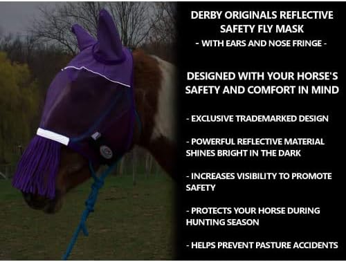Derby Originals Patriotic Reflective Safety Horse Fly Mask with Ears and Nose Cover Fringes with 1 Year Warranty (White, (Small (Pony))